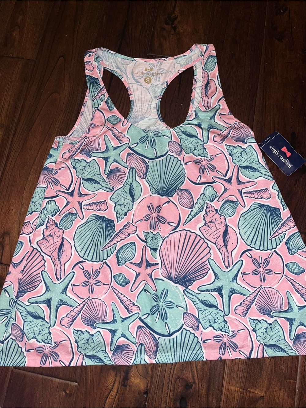 Simply Southern NWT Small Pink Racerback Tank with Mint Seashell Print